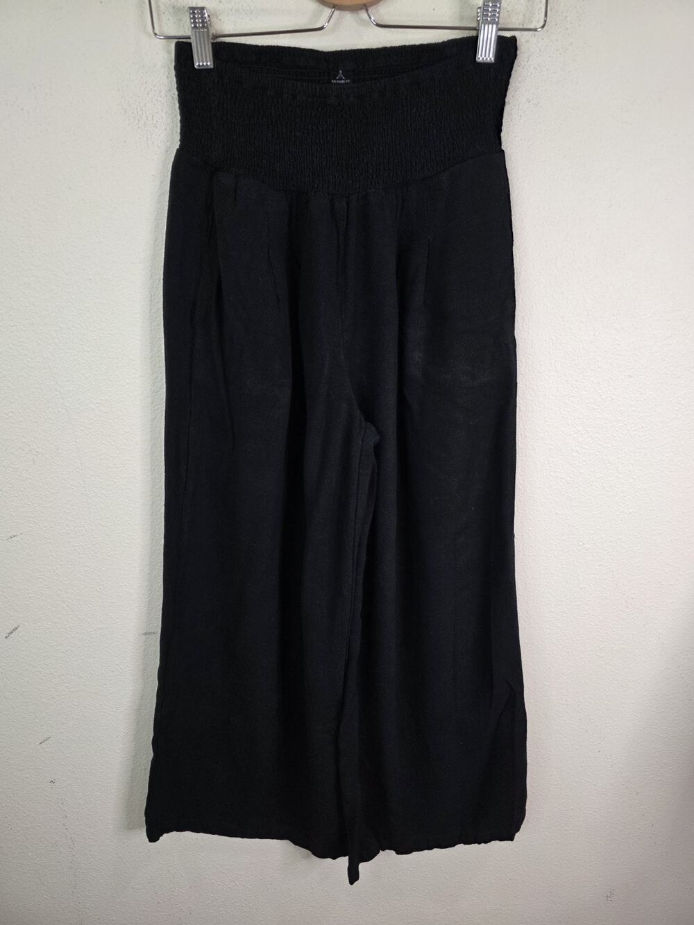 Anrabess Womens Small Black Wide Leg Elastic Waist Cropped Linen Rayon Pants